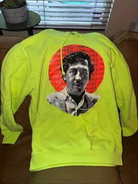 Neon Yellow Graphic Hoodie with Portrait Print - Men's Pullover